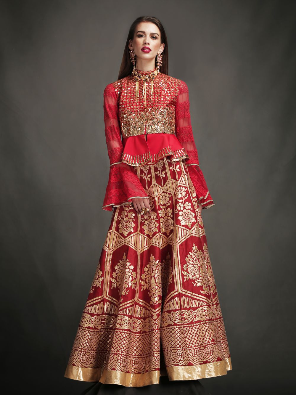 RED EMBROIDERED PEPLUM TOP WITH SKIRT