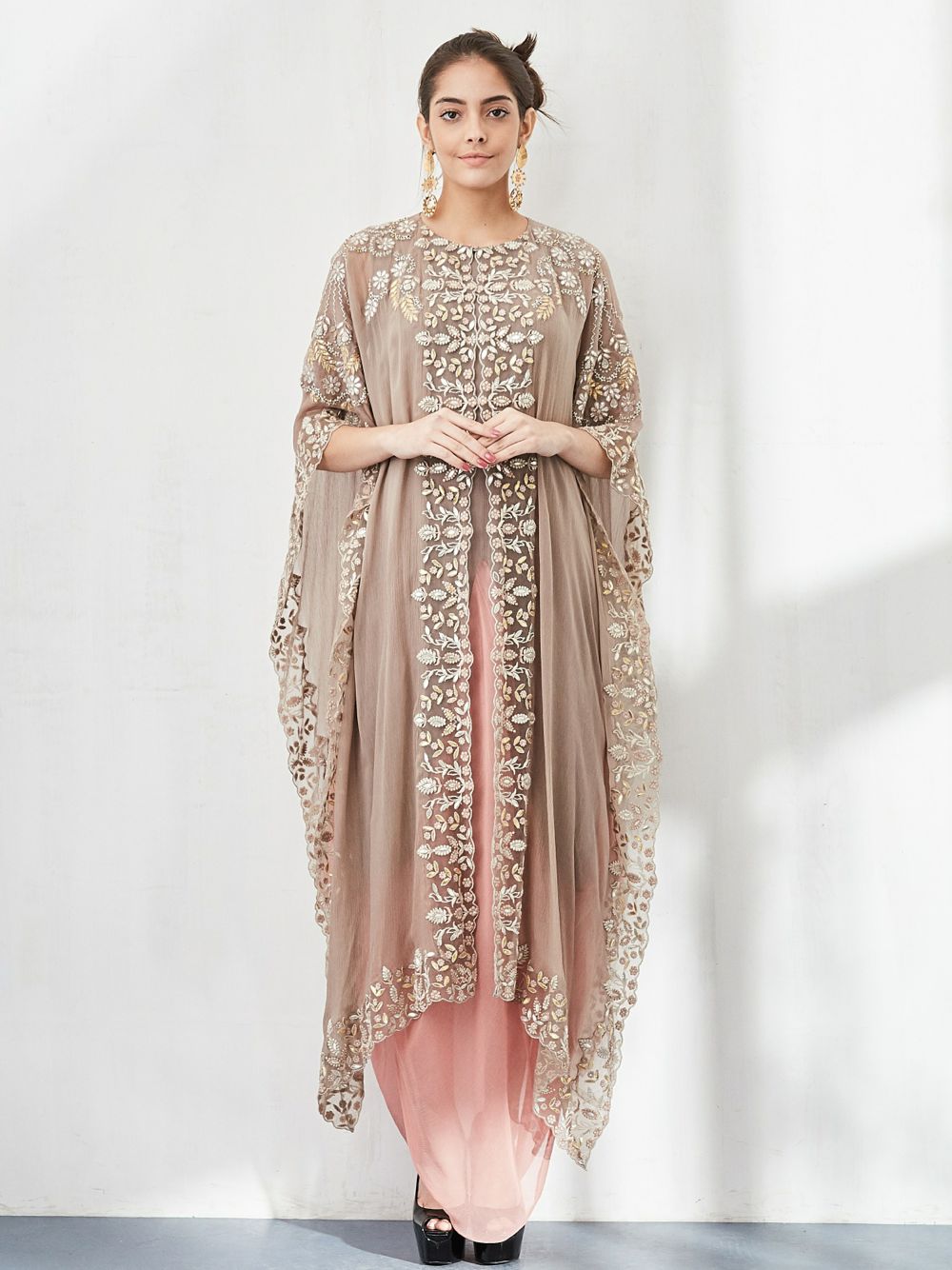 Pink Hand Embroidered Cape with Dress Set