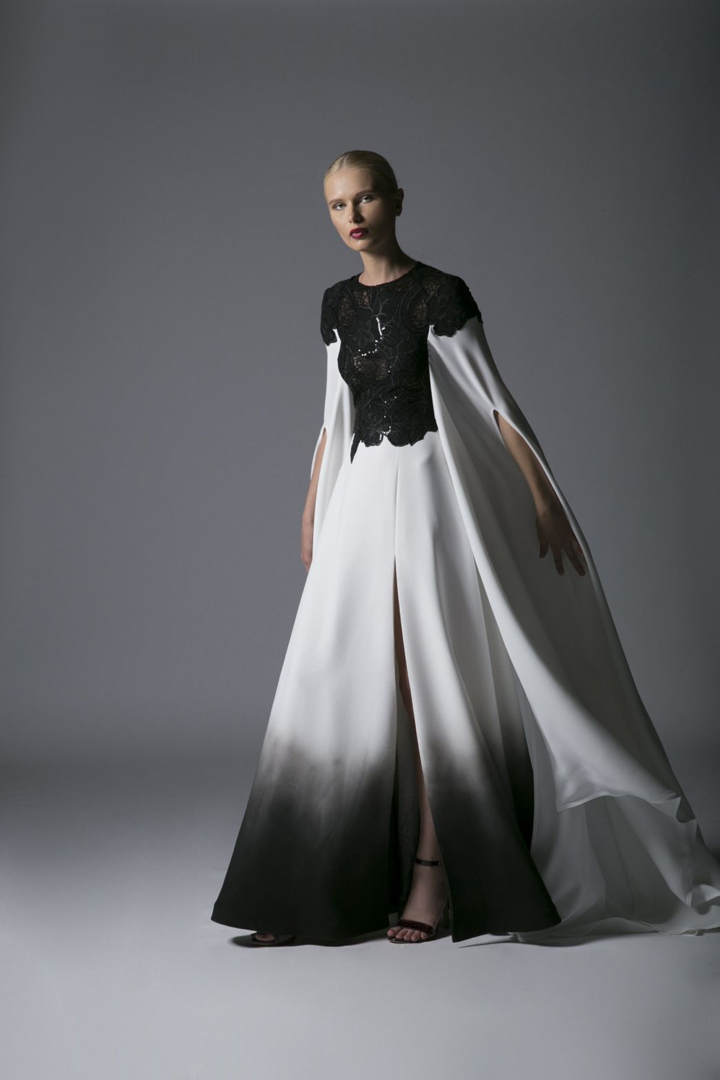 EMBELLISHED ILLUSION CAPE DRESS