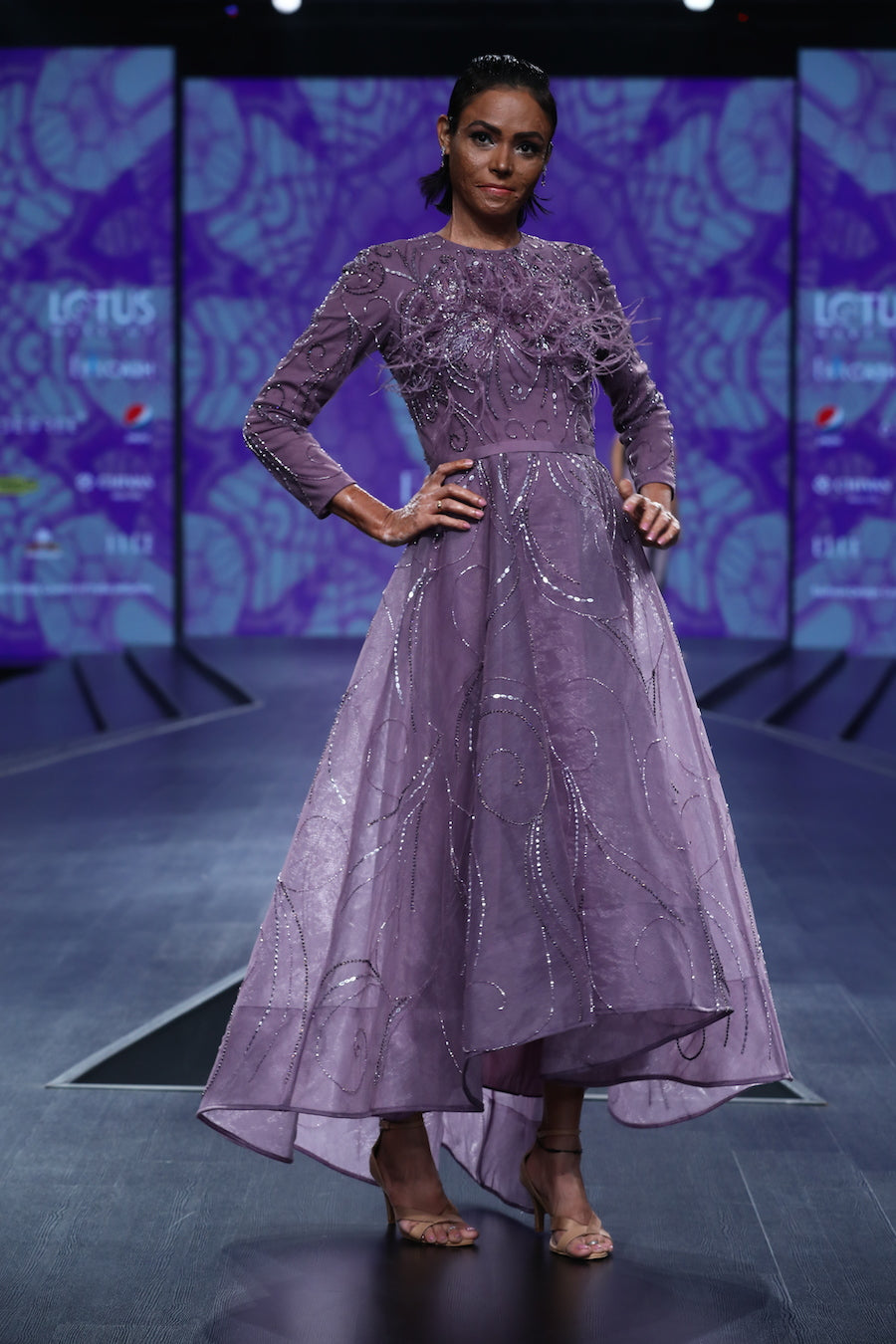 Lavender Bird Motif High Low Dress