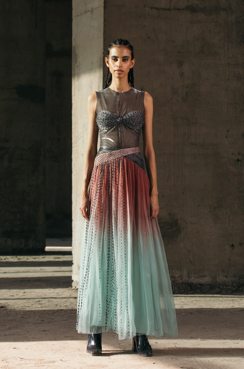 Hand-Embroidered Shimmer Lurex Bodysuit + Gradient Gathered Organza Skirt