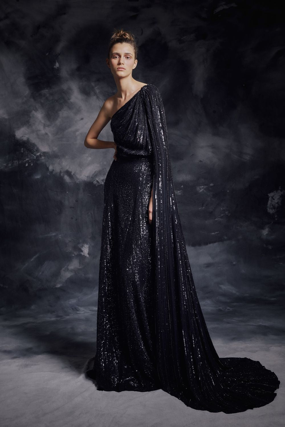 Asymmetric Sequined Black Dress