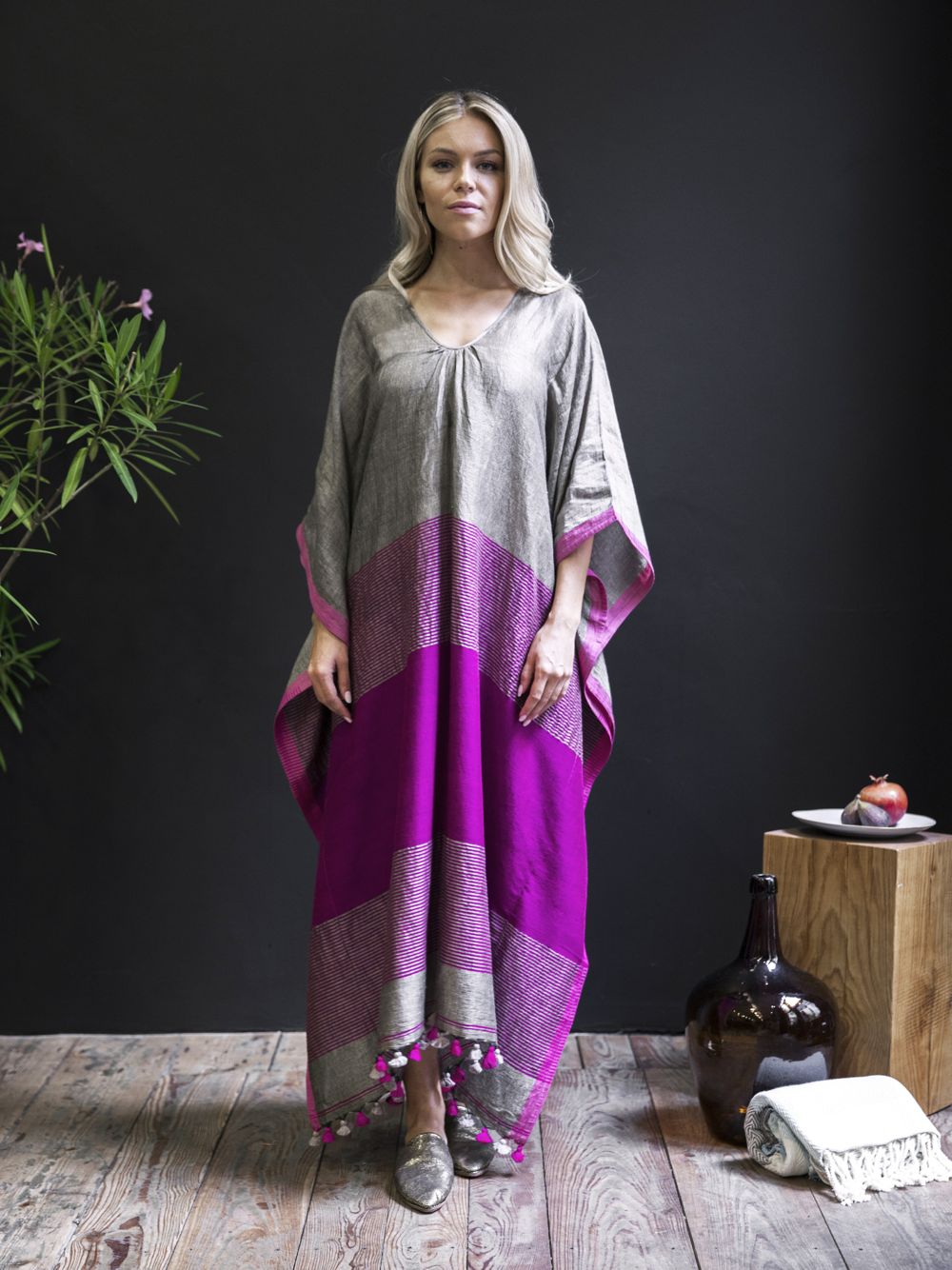 Handwoven Caftan With Pom-Poms