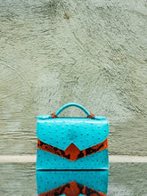Turqoise Blue Ostrich Print Leather Mini Bag