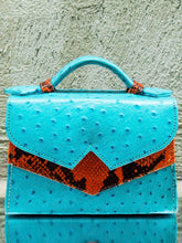 Turqoise Blue Ostrich Print Leather Mini Bag