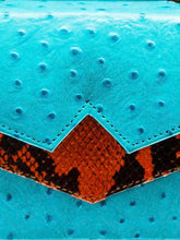Turqoise Blue Ostrich Print Leather Mini Bag
