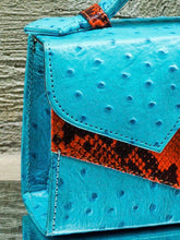 Turqoise Blue Ostrich Print Leather Mini Bag