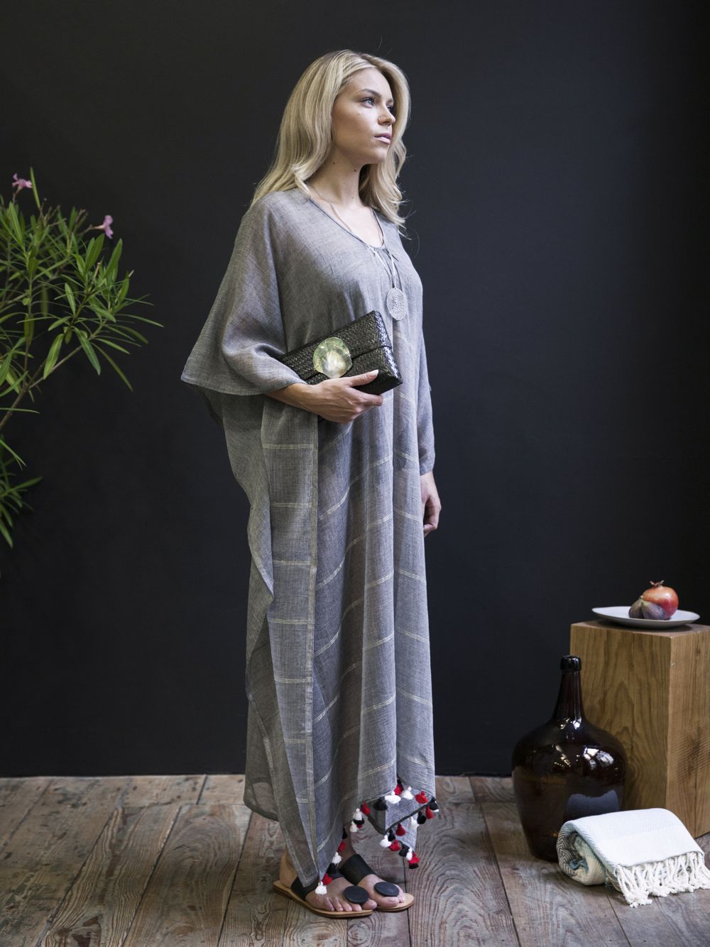 Handwoven Caftan With Pom-Poms