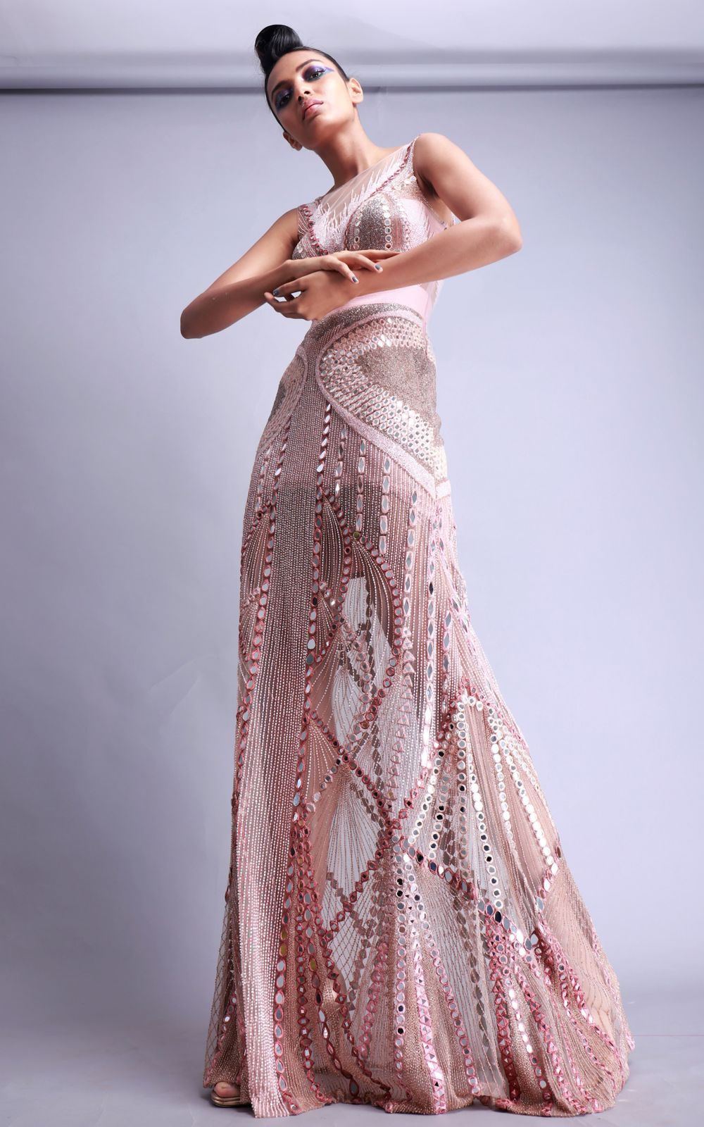 Pink Mirror Work Handmade Gown