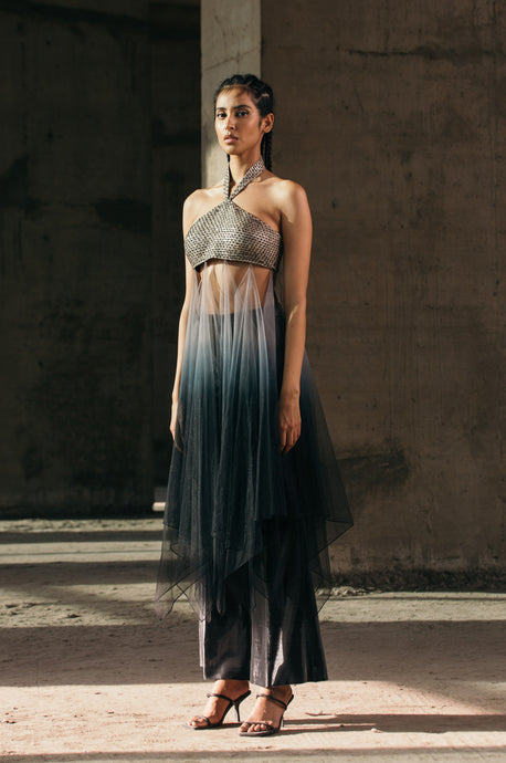 Hand-Embroidered Halter Top with Tulle Gradient Drape + Shimmer Lurex Flared Trousers