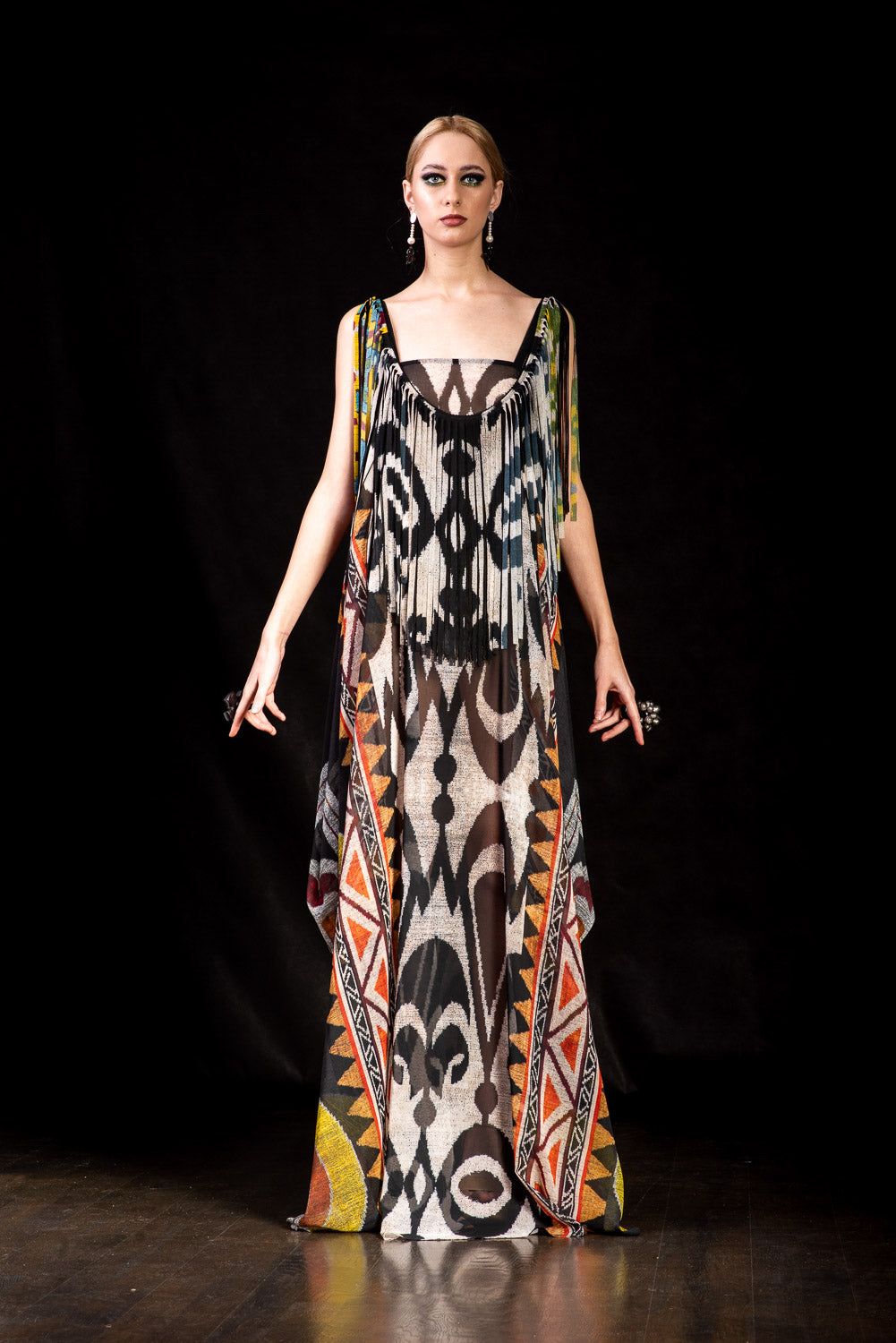 Versatile multi-wear Kaftan Dress laser cut printed Fringes by Afroditi  Hera - Fashion designer from Cyprus