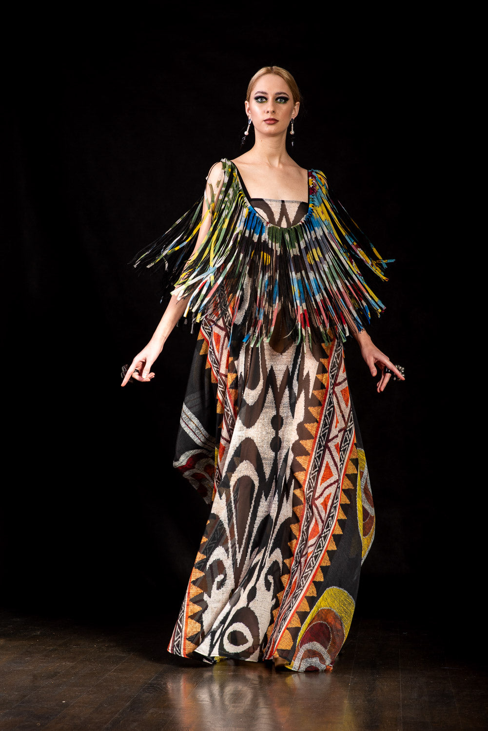 Versatile multi-wear Kaftan Dress laser cut printed Fringes by Afroditi Hera - Fashion designer from Cyprus | Bespoke made-to-measure World Wide Couture Versatile multi-wear Kaftan Dress laser cut printed Fringes by Afroditi Hera - Fashion designer from Cyprus | Bespoke made-to-measure World Wide Couture