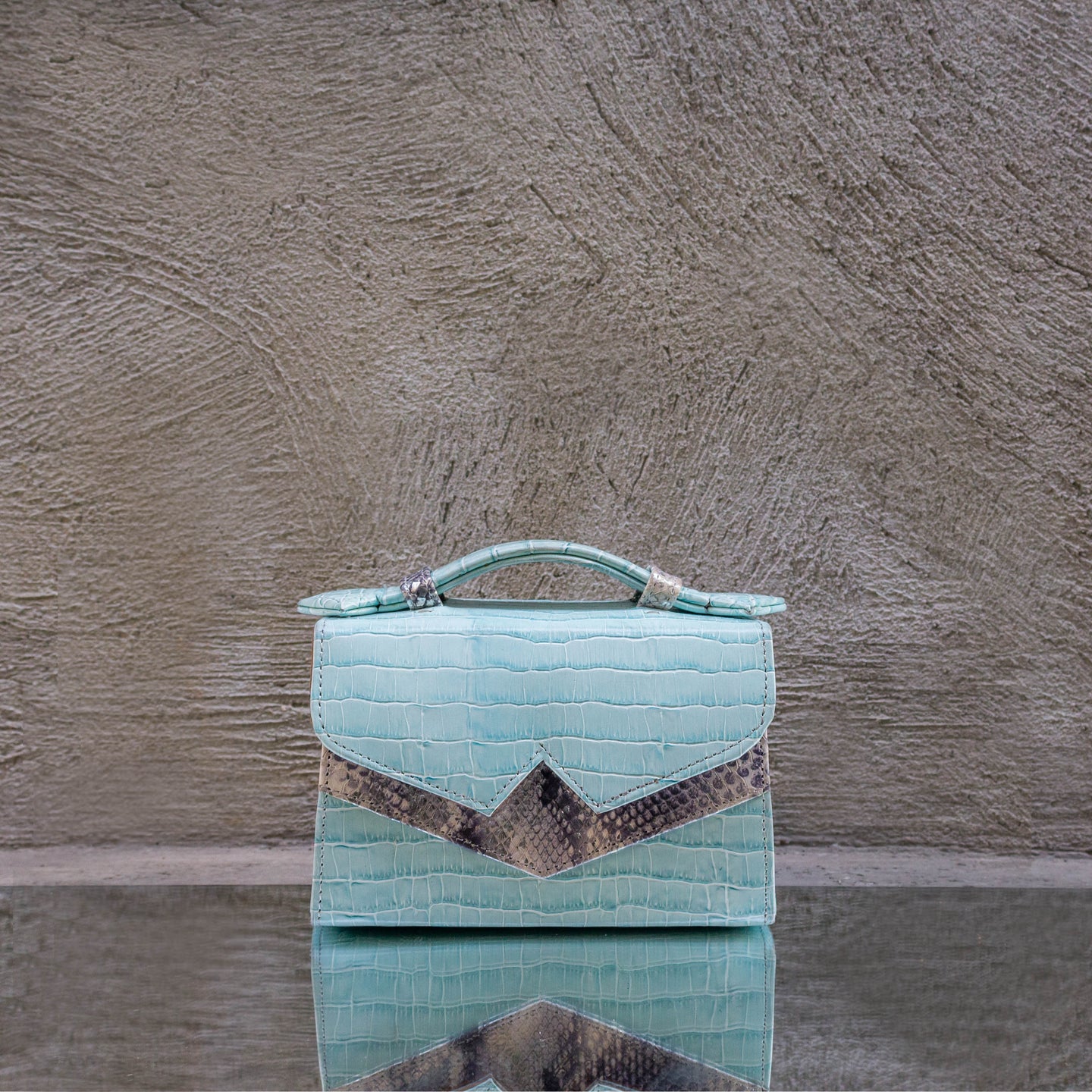 Aquamarine Crocodile Print Handbag