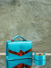 Turqoise Blue Ostrich Print Leather Mini Bag