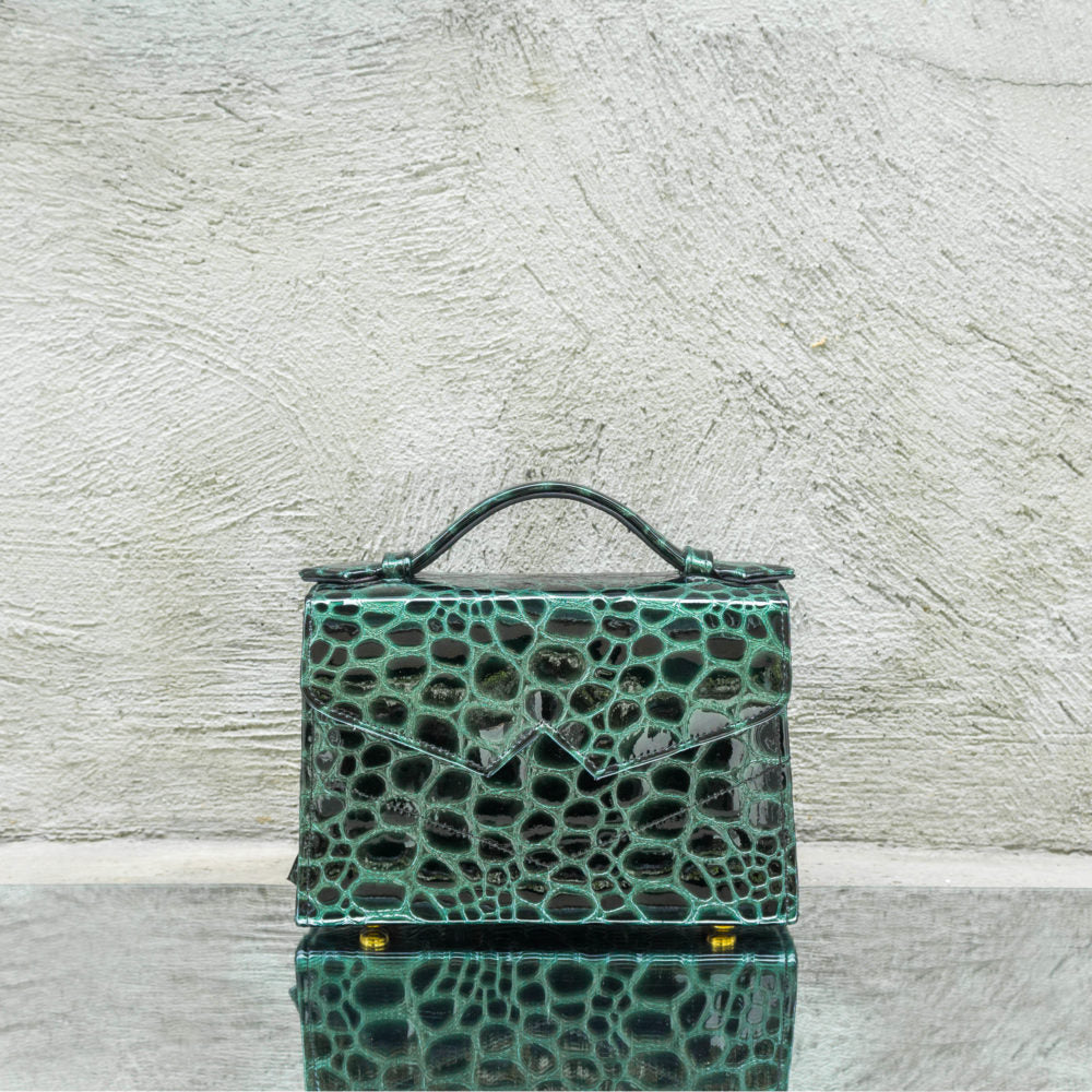 Green Pebbled Printed Leather Handbag