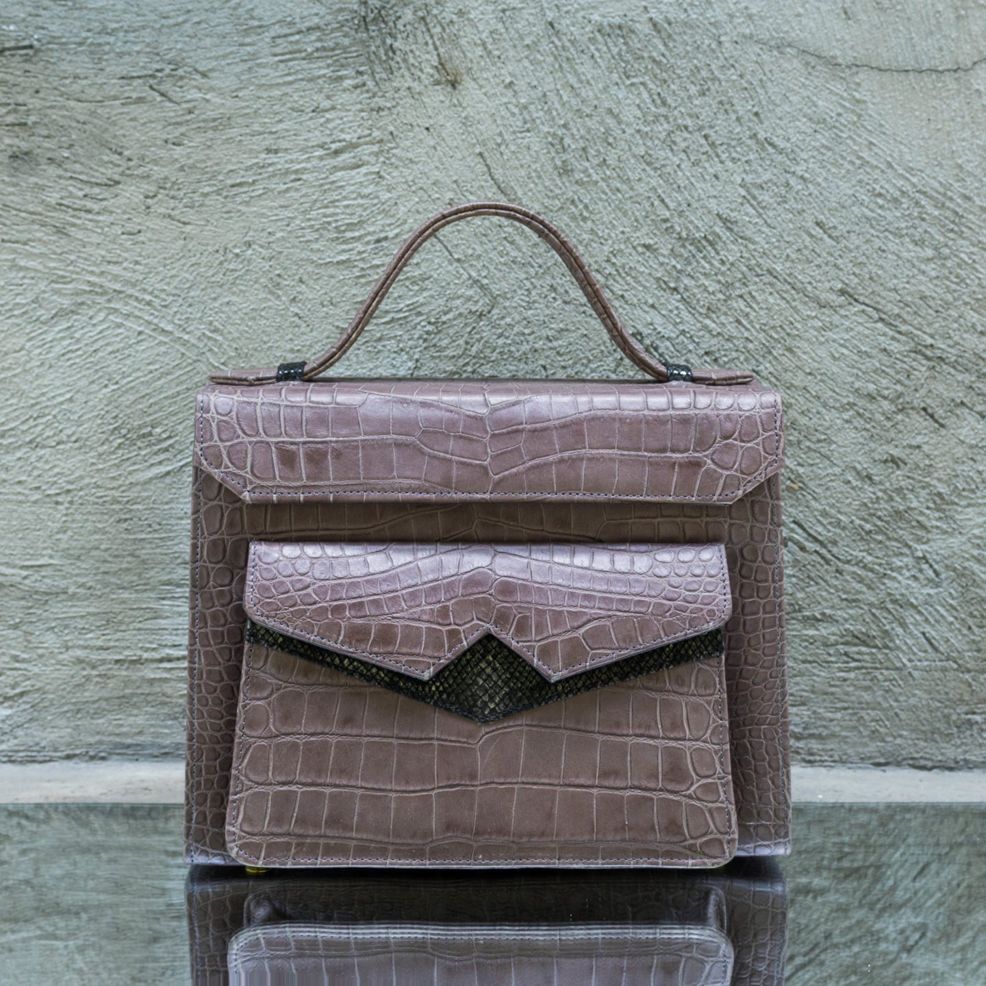 Grey Crocodile Print Leather Handbag