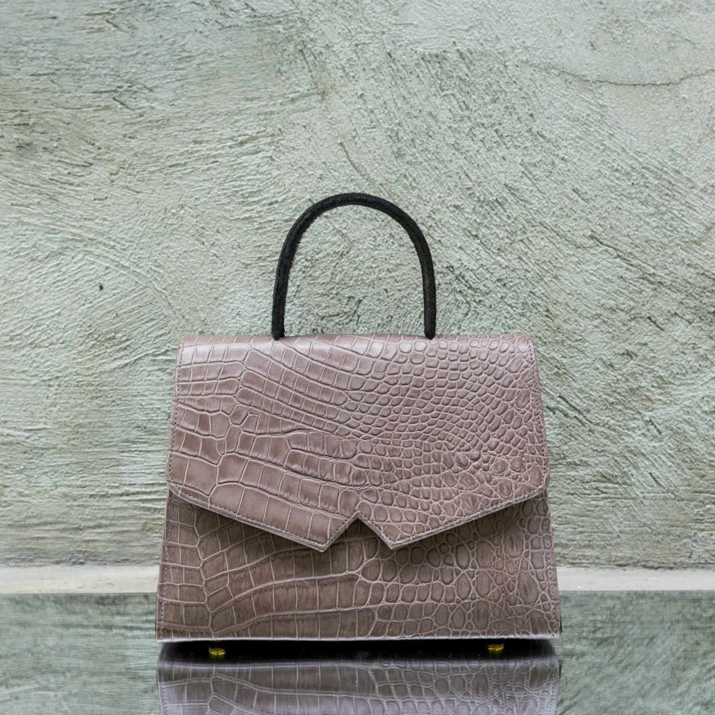 Mink Grey Crocodile Print Leather Handbag
